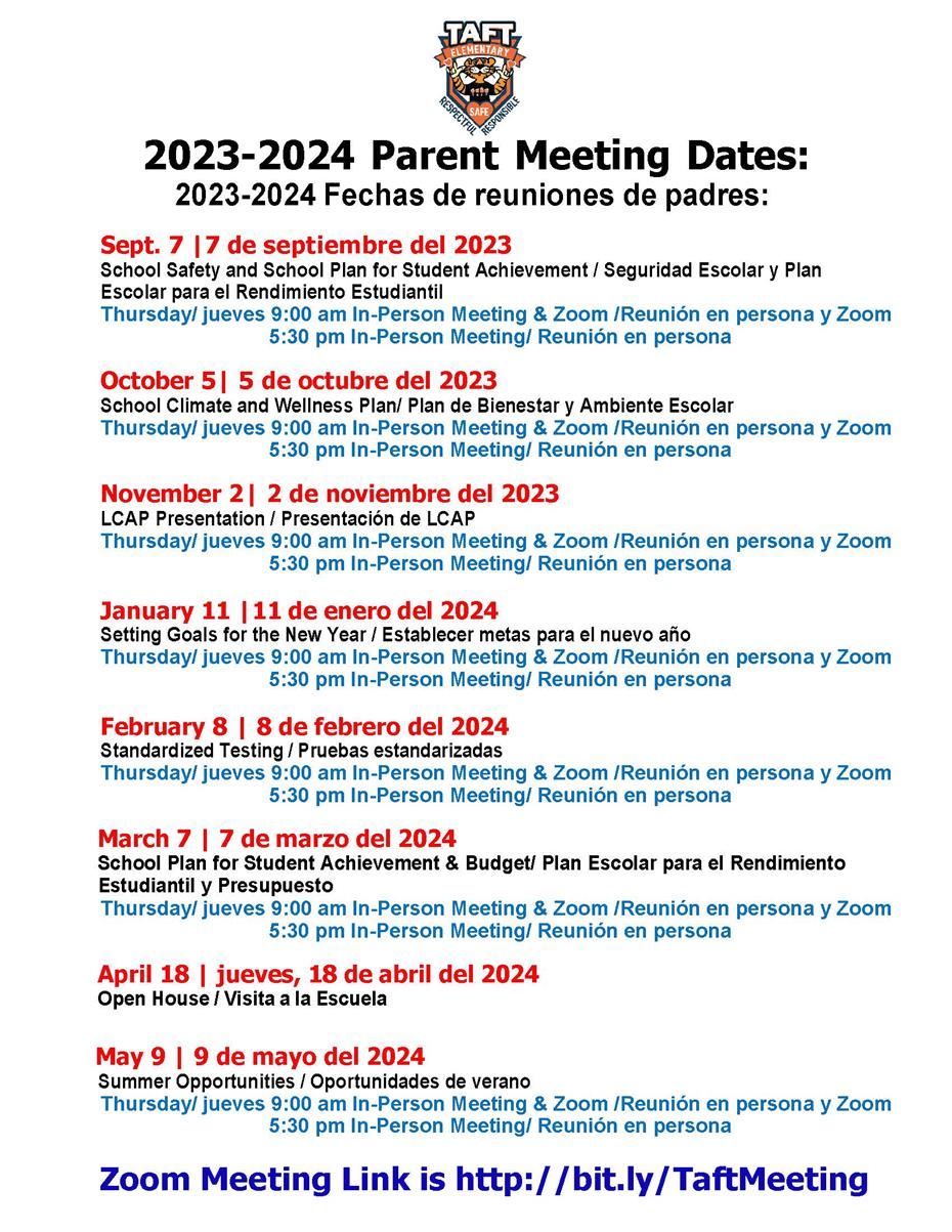 Parent Meeting Dates for the 2023-2024 School Year